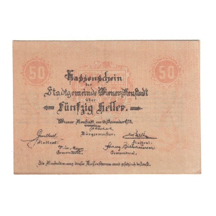 Billete, Austria, Wiener Neustadt N.Ö. Stadtgemeinde, 50 Heller, Texte, 1919