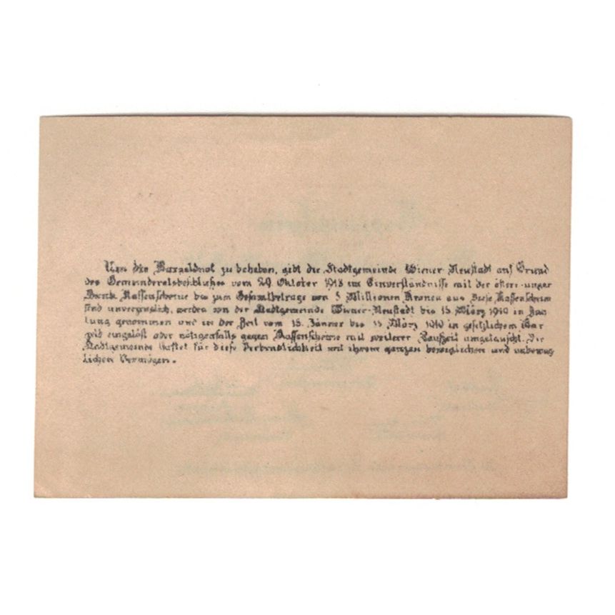 Billete, Austria, Wiener Neustadt N.Ö. Stadtgemeinde, 50 Heller, Texte, 1919