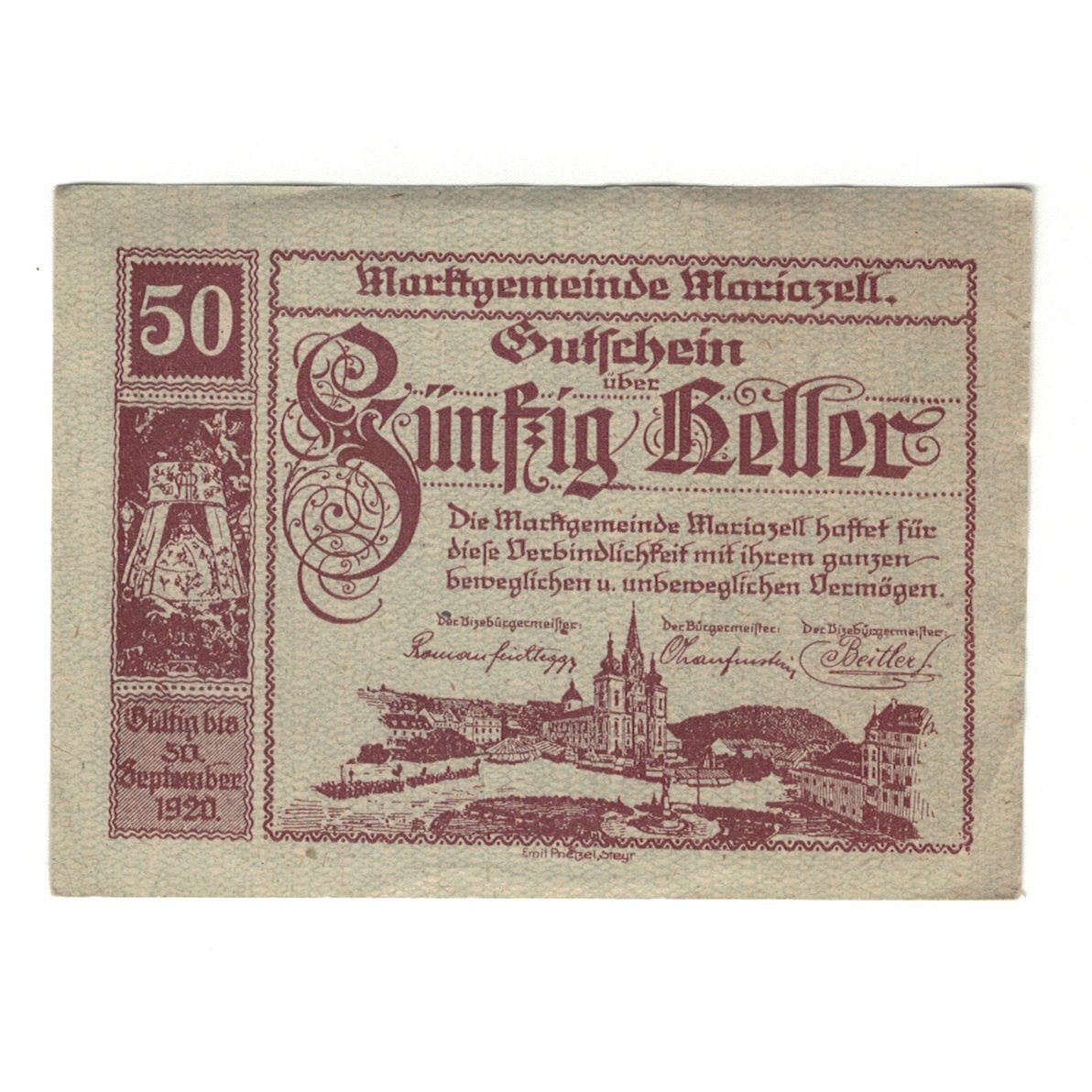 Nota, Áustria, Mariazell Stmk. Marktgemeinde, 50 Heller, personnage, 1920