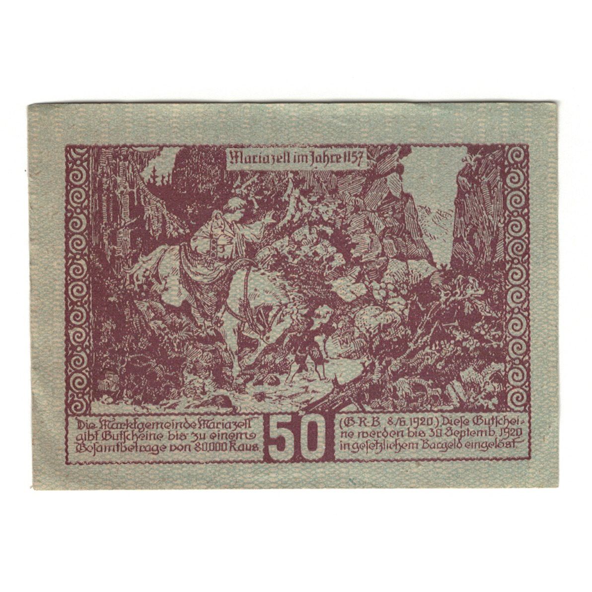 Nota, Áustria, Mariazell Stmk. Marktgemeinde, 50 Heller, personnage, 1920