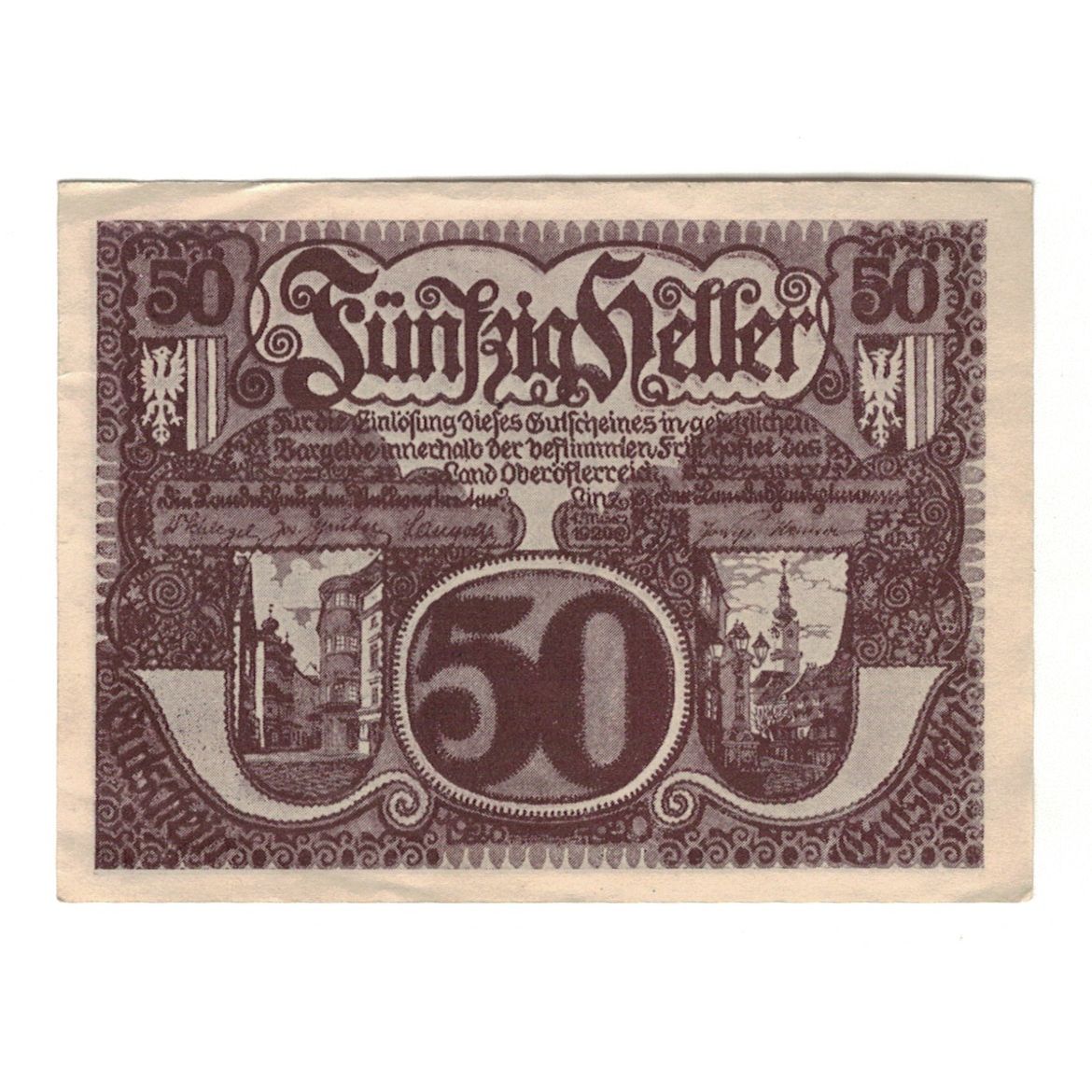 Banconote, Austria, Oberösterreich O.Ö. Land, 50 Heller, valeur faciale, 1920