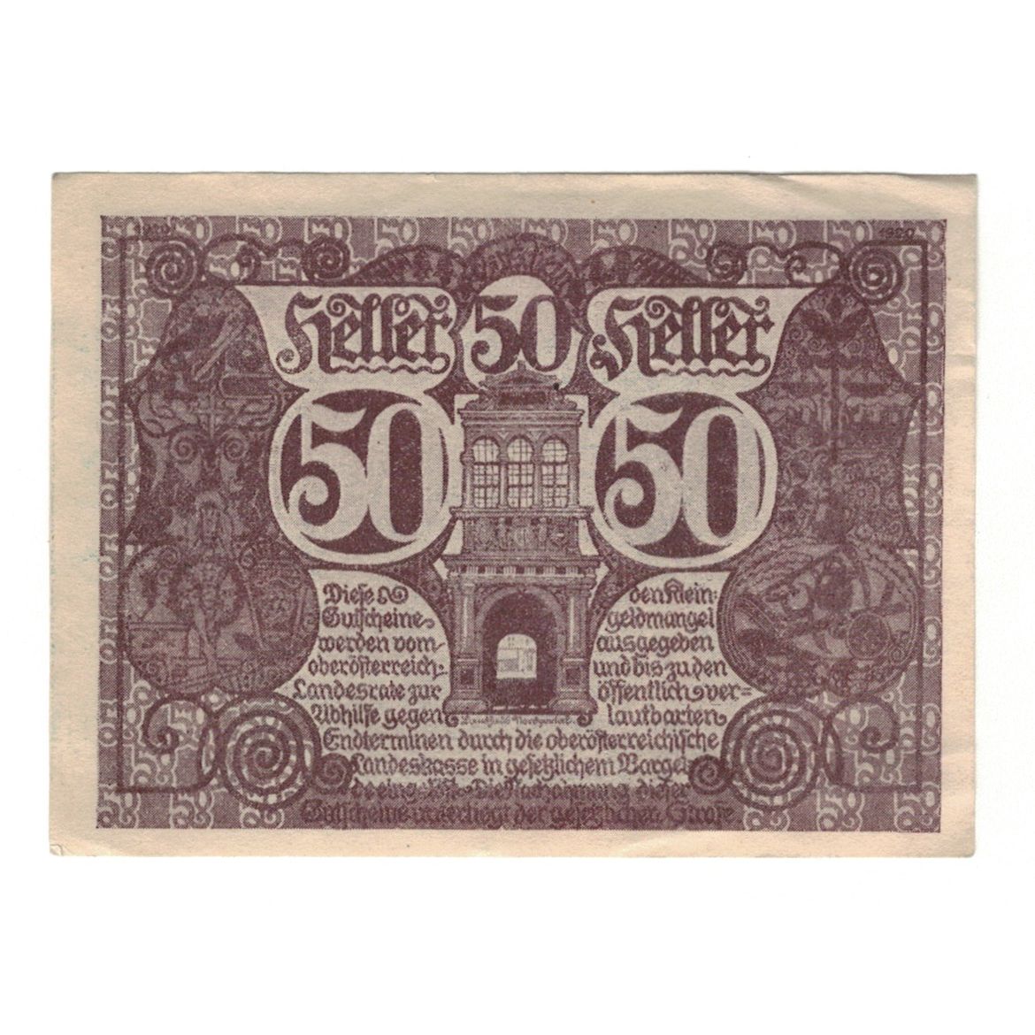 Banconote, Austria, Oberösterreich O.Ö. Land, 50 Heller, valeur faciale, 1920