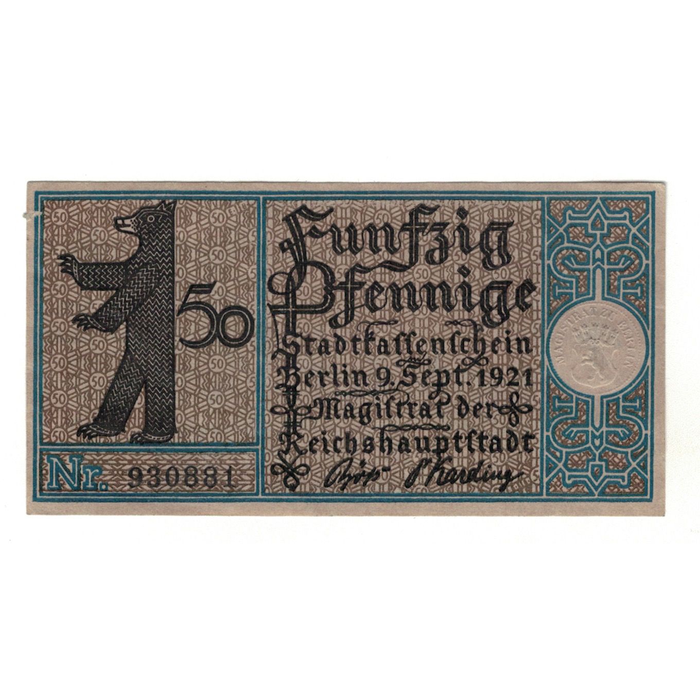 Banconote, Germania, Berlin Stadt, 50 Pfennig, Moulins, 1921, 1921-09-09, SPL-