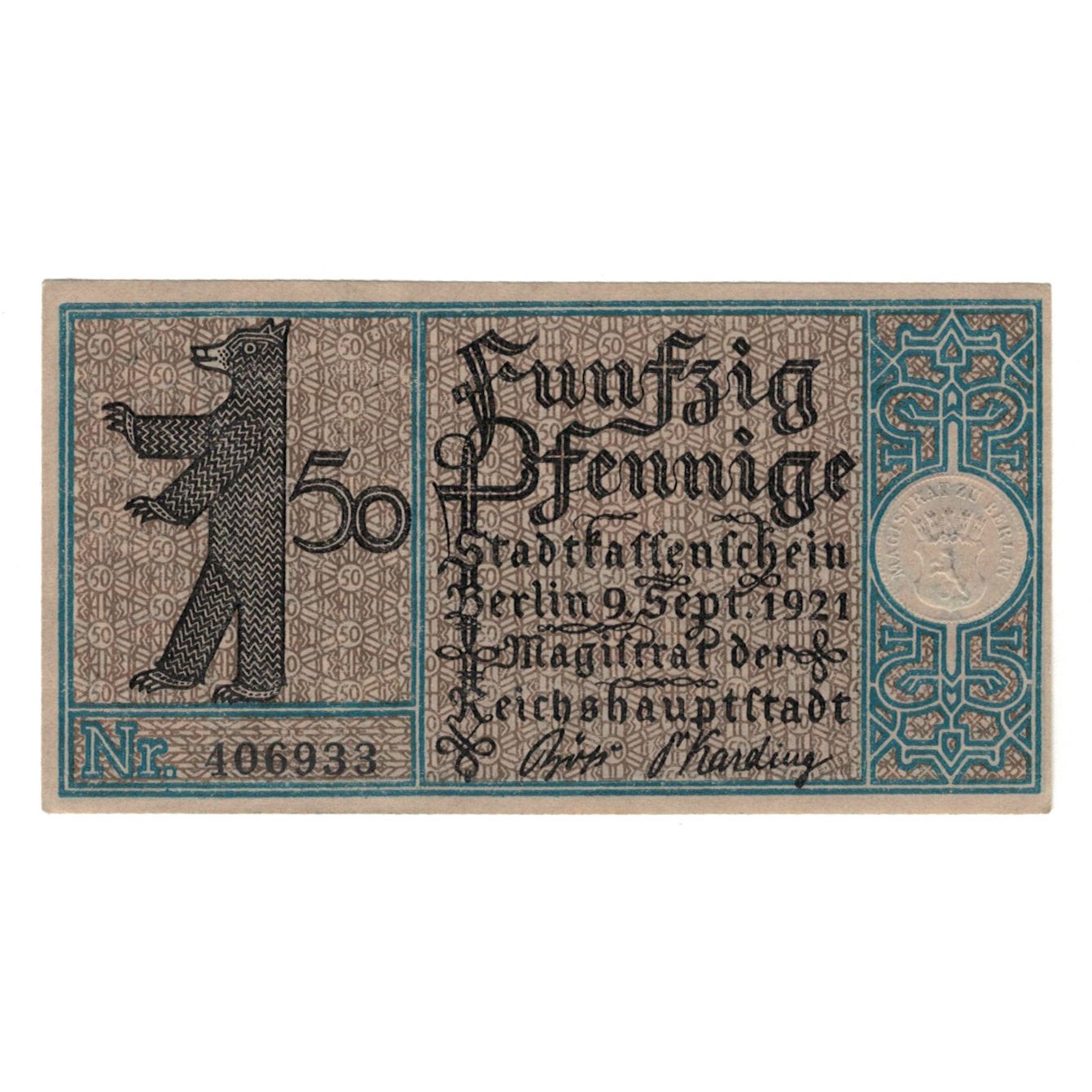Banconote, Germania, Berlin Stadt, 50 Pfennig, rue 1, 1921, 1921-09-09, SPL-