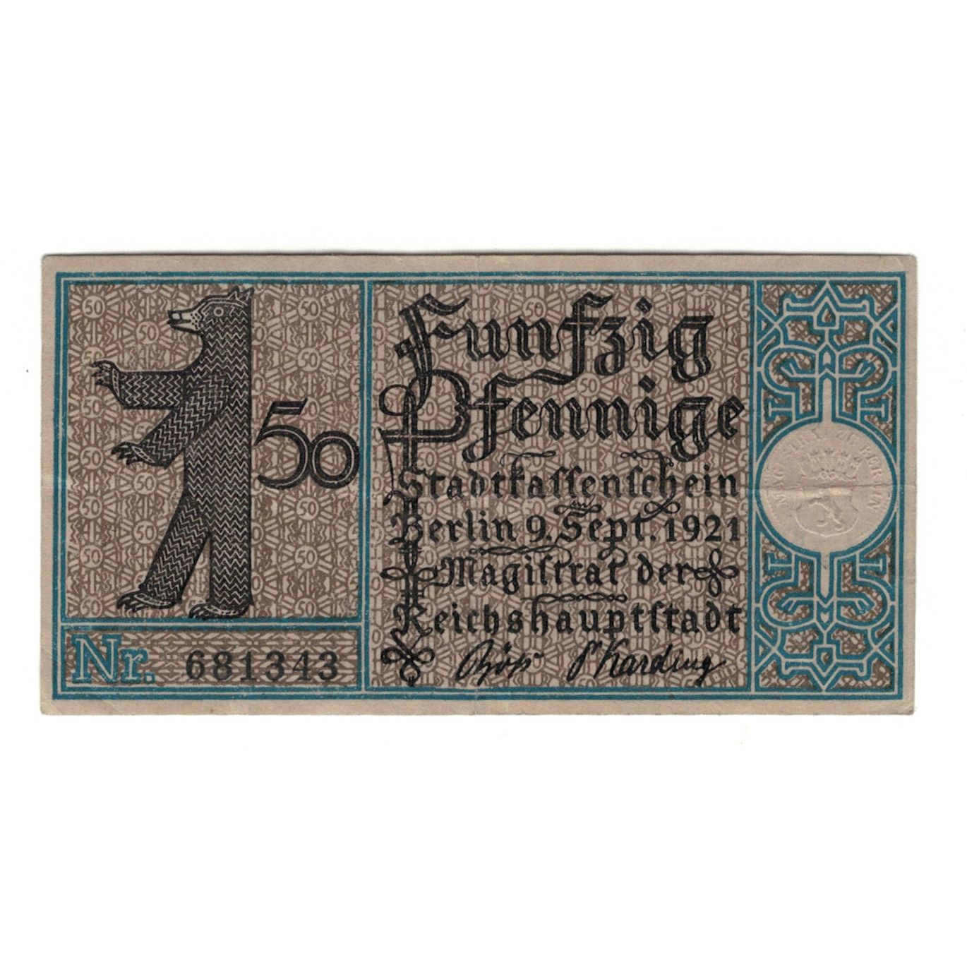 Banknote, Germany, Berlin Stadt, 50 Pfennig, bateau, 1921, 1921-09-09