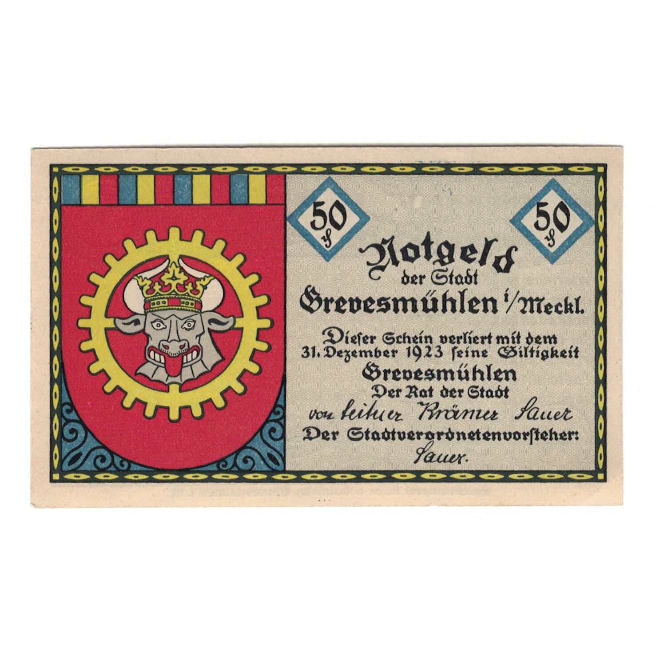 Banconote, Germania, Grevesmuhlen Stadt, 50 Pfennig, Corbeaux, 1923, 1923-12-31
