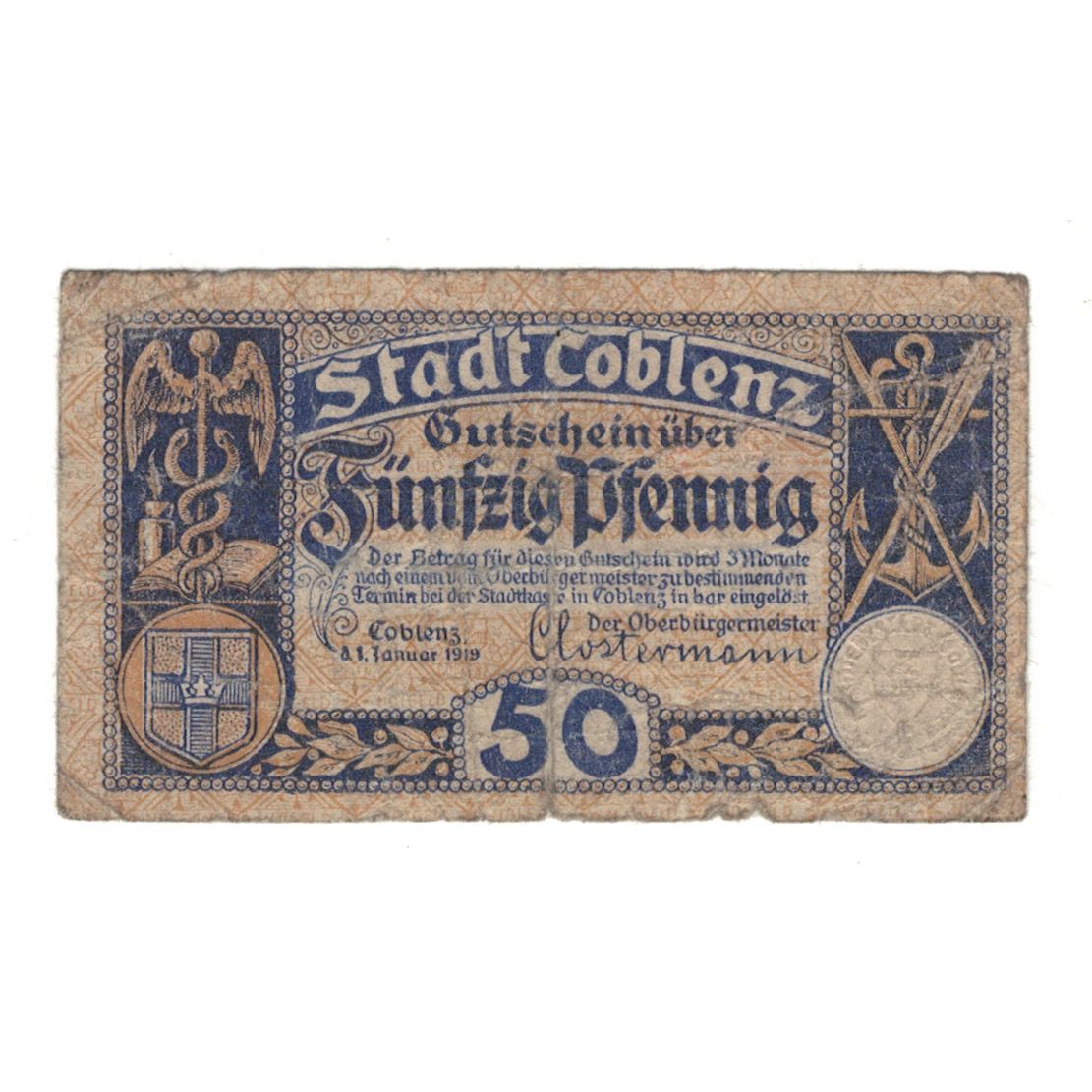 Banknote, Germany, Coblenz Stadt, 50 Pfennig, valeur faciale, 1919, 1919-01-01