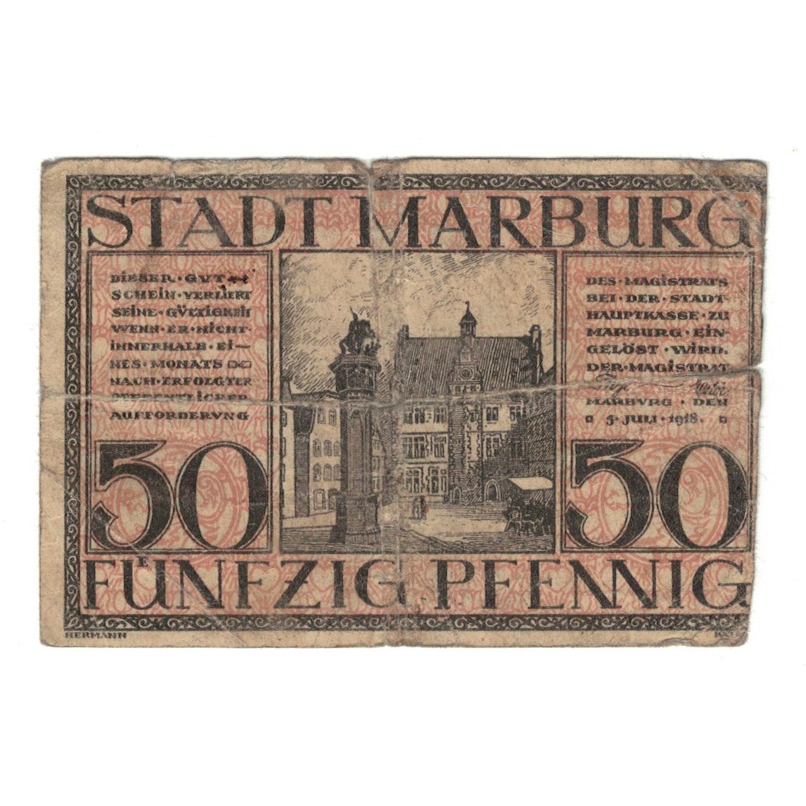 Banknote, Germany, Marburg Stadt, 50 Pfennig, cavalier, 1918, 1918-07-05