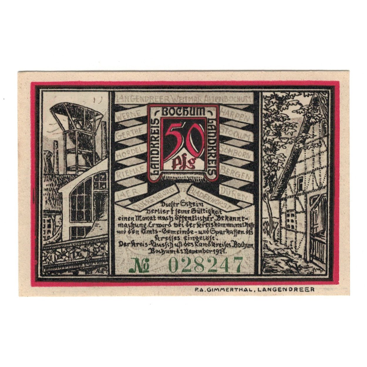 Banknot, Niemcy, Bochum Landkreis, 50 Pfennig, personnage, 1921, 1921-11-01