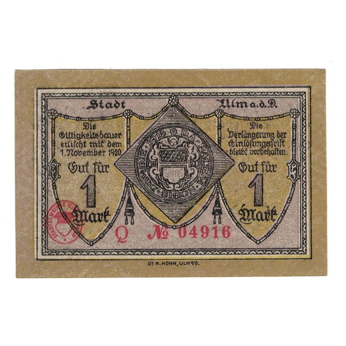 Banconote, Germania, Ulm Stadt, 1 Mark, paysage, 1920, 1920-11-01, SPL-