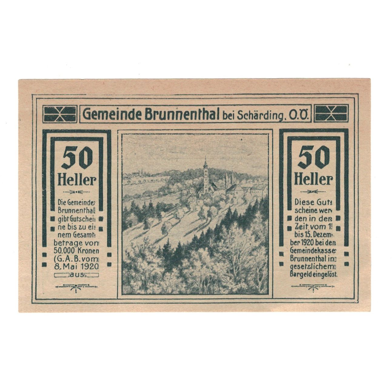 Billet, Autriche, Brunnenthal O.Ö. Gemeinde, 50 Heller, Texte, 1920