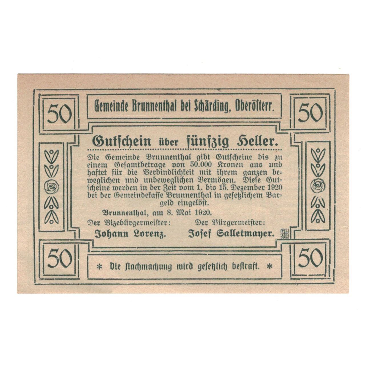 Billet, Autriche, Brunnenthal O.Ö. Gemeinde, 50 Heller, Texte, 1920