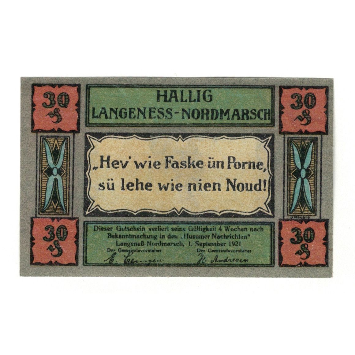 Banknote, Germany, Langeness-Nordmarsch Hallig, 30 Pfennig, pêcheur, 1921