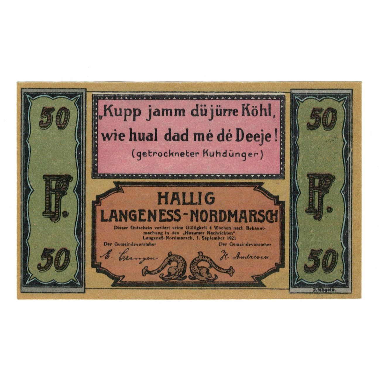 Banknote, Germany, Langeness-Nordmarsch Hallig, 50 Pfennig, paysage, 1921