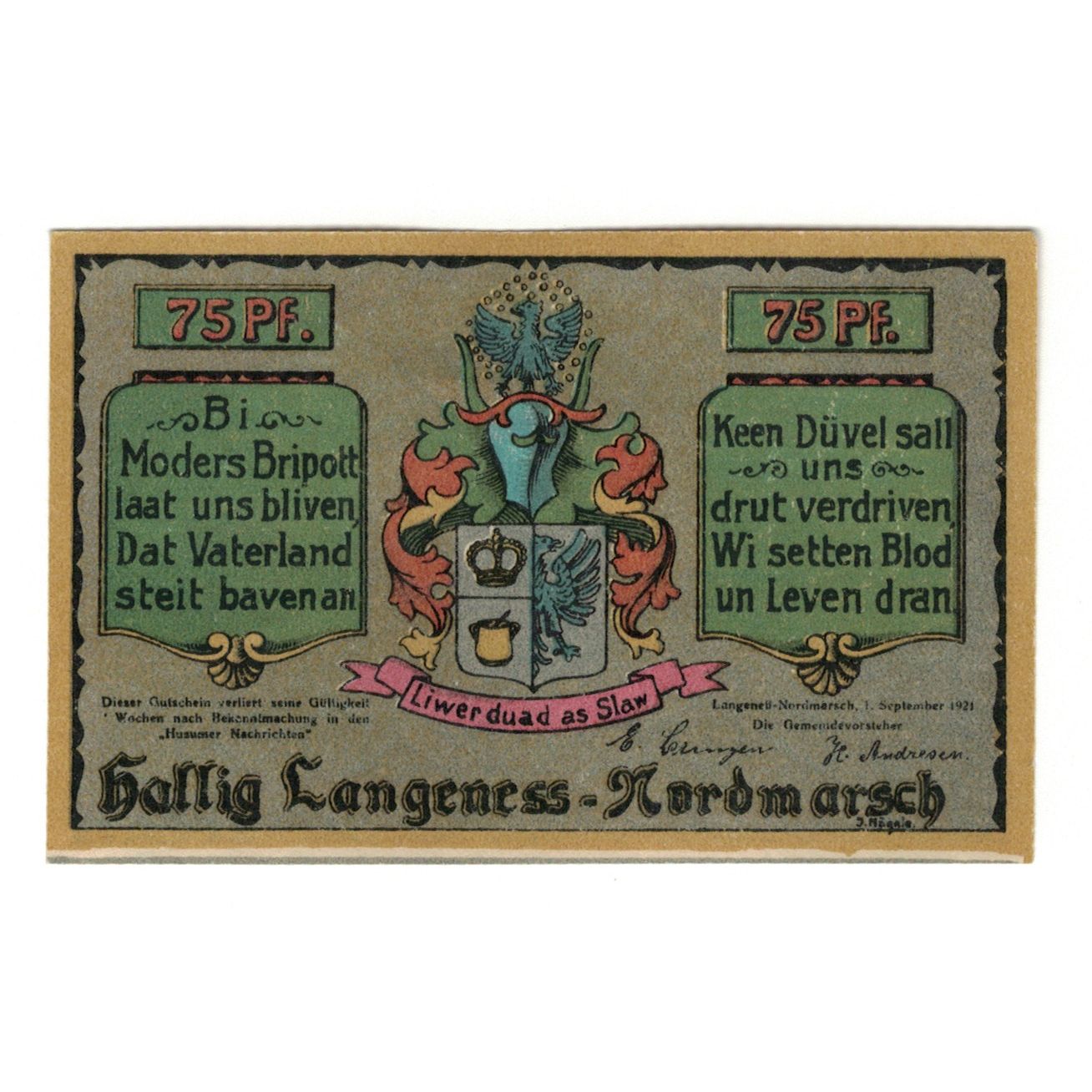 Banknote, Germany, Langeness-Nordmarsch Hallig, 75 Pfennig, personnage, 1921