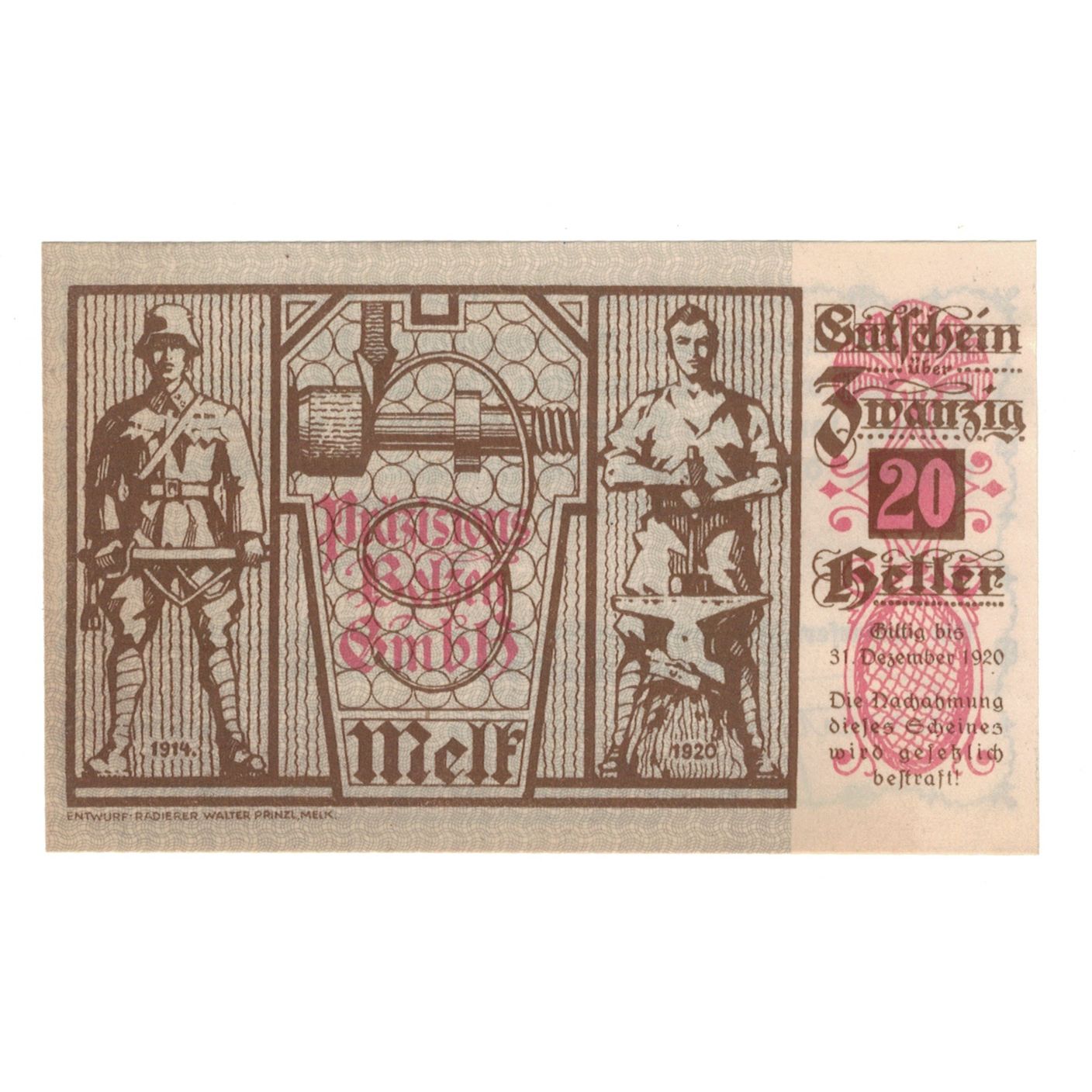 Banconote, Austria, Melk, Prv. Präzisions-Bolzen-G.M.B.H, 20 Heller, Texte