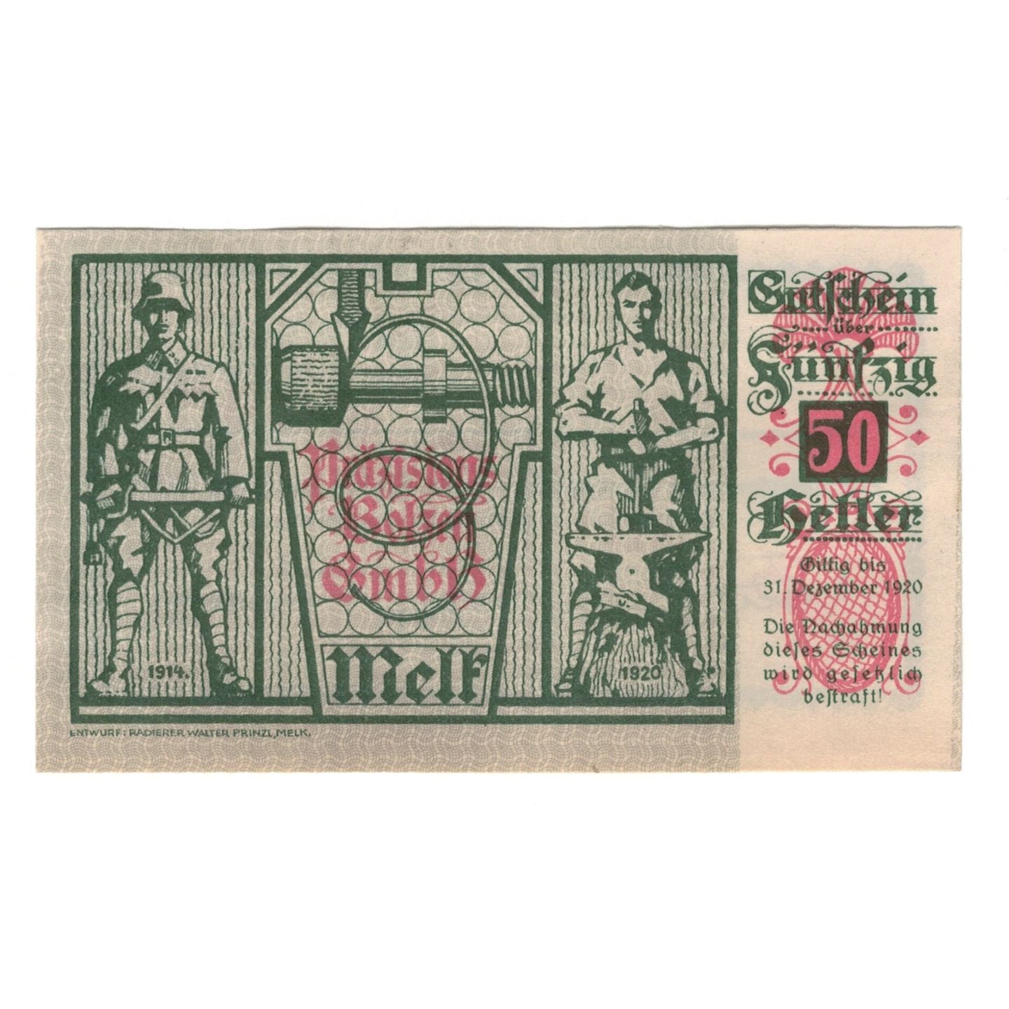 Banconote, Austria, Melk, Prv. Präzisions-Bolzen-G.M.B.H, 50 Heller, Texte