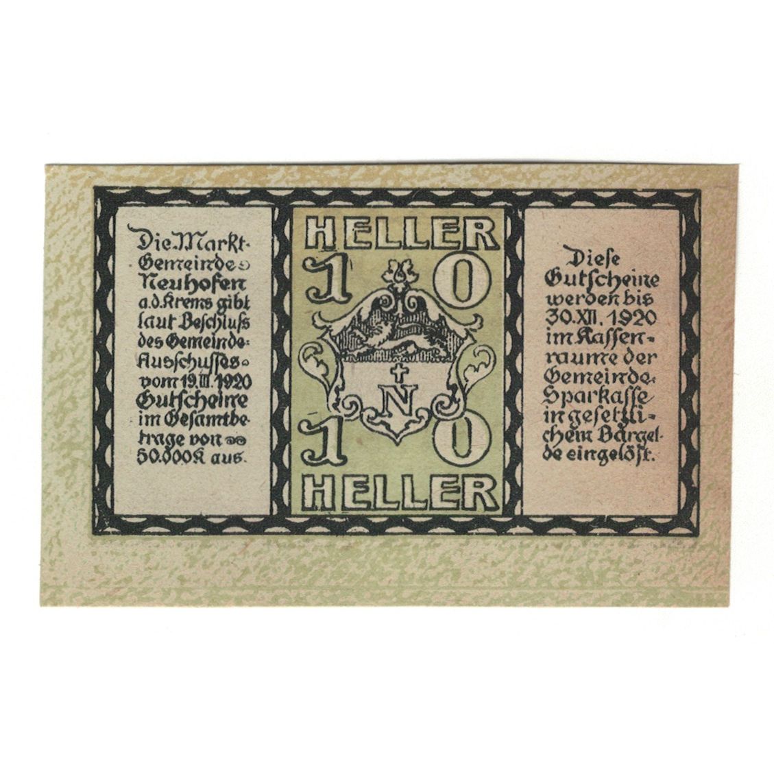 Banconote, Austria, Neuhofen an der Krems O.Ö. Marktgemeinde, 10 Heller