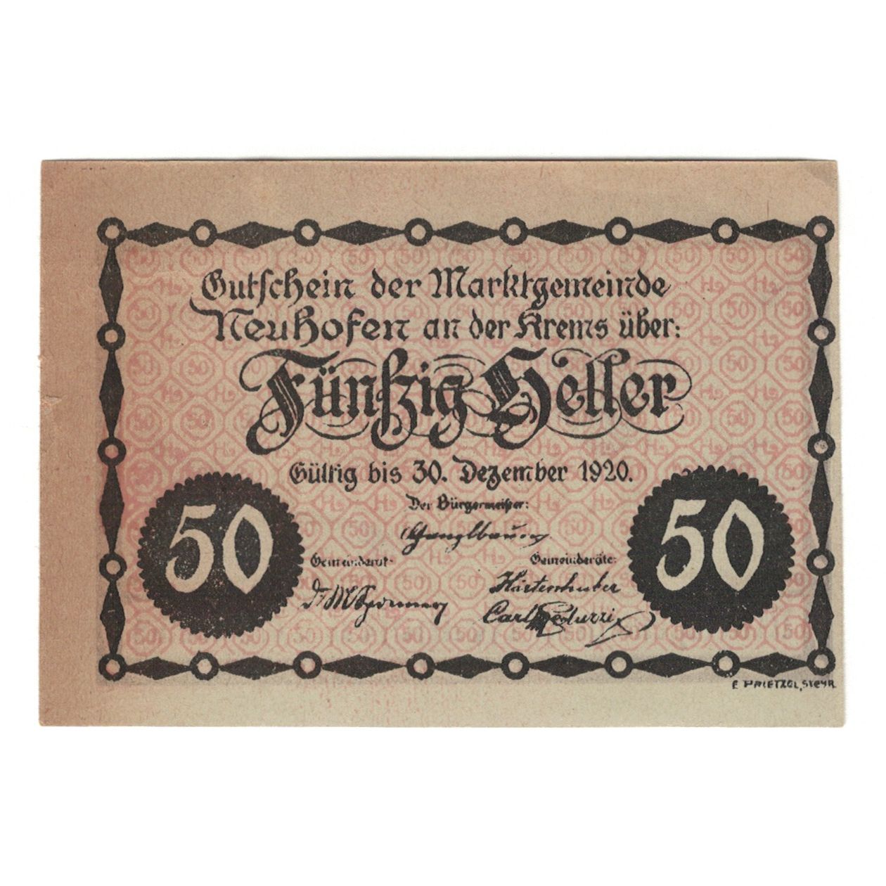 Banconote, Austria, Neuhofen an der Krems O.Ö. Marktgemeinde, 50 Heller, rue