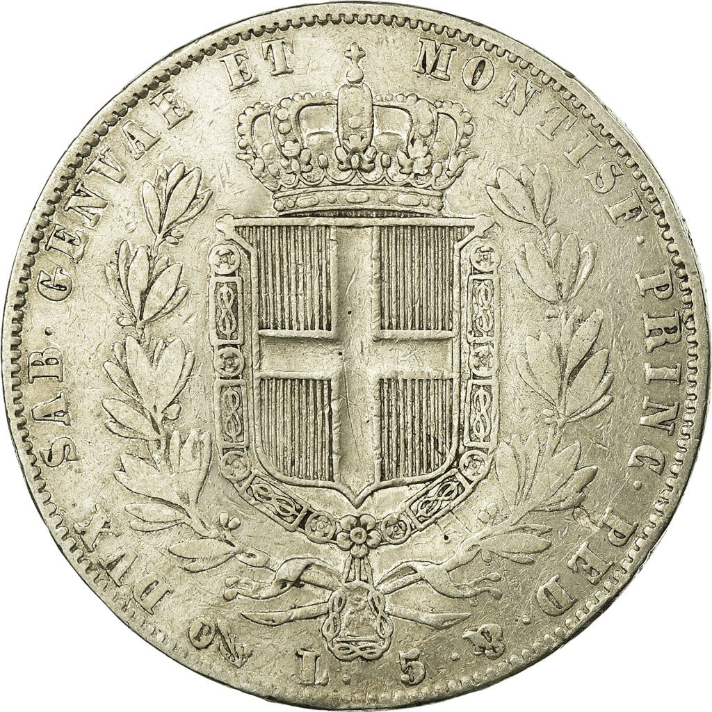 ESTADOS ITALIANOS, SARDINIA, Carlo Alberto, 5 Lire, 1844, Genoa, Prata