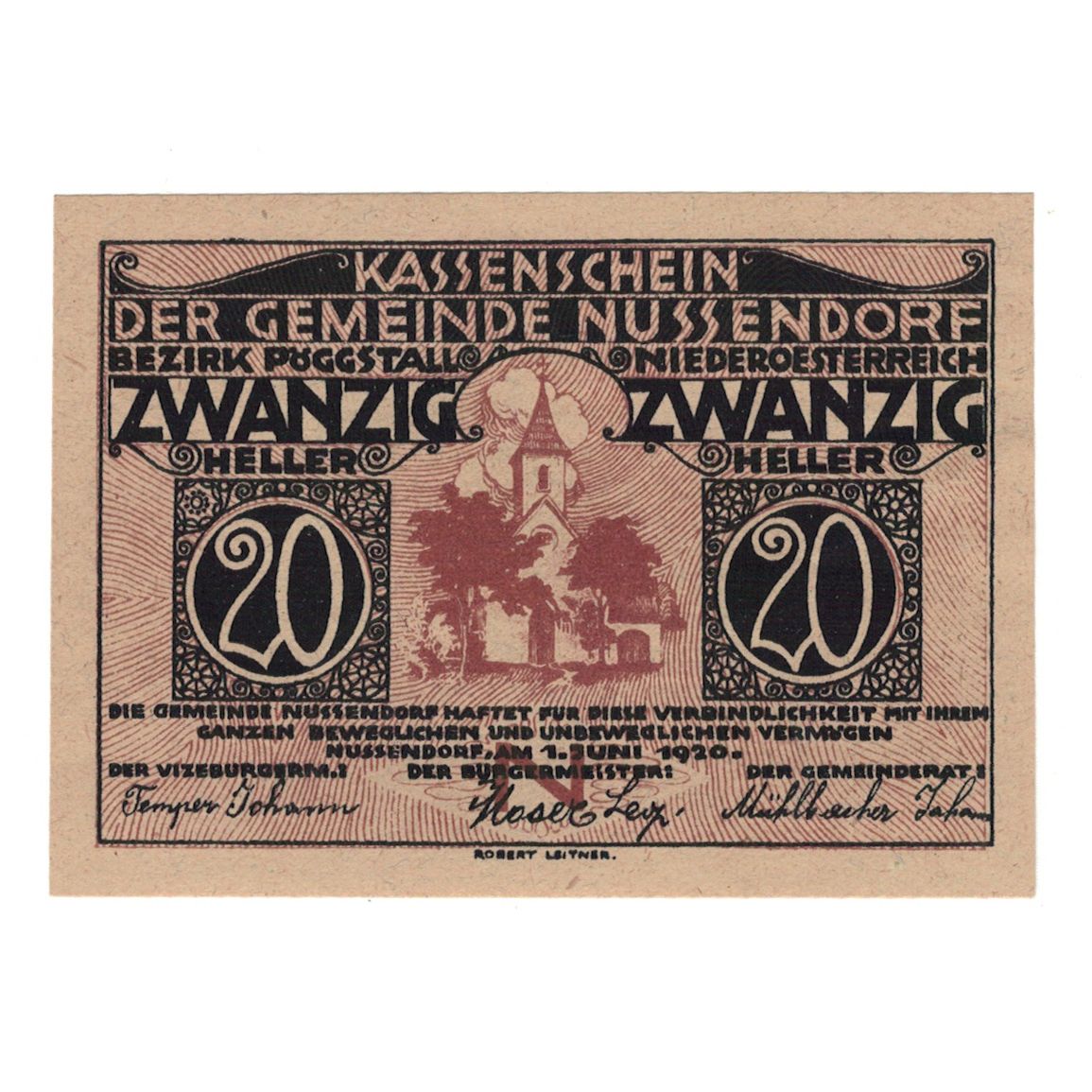 Banconote, Austria, Nussendorf - Artstetten N.Ö. Gemeinde, 20 Heller, Texte