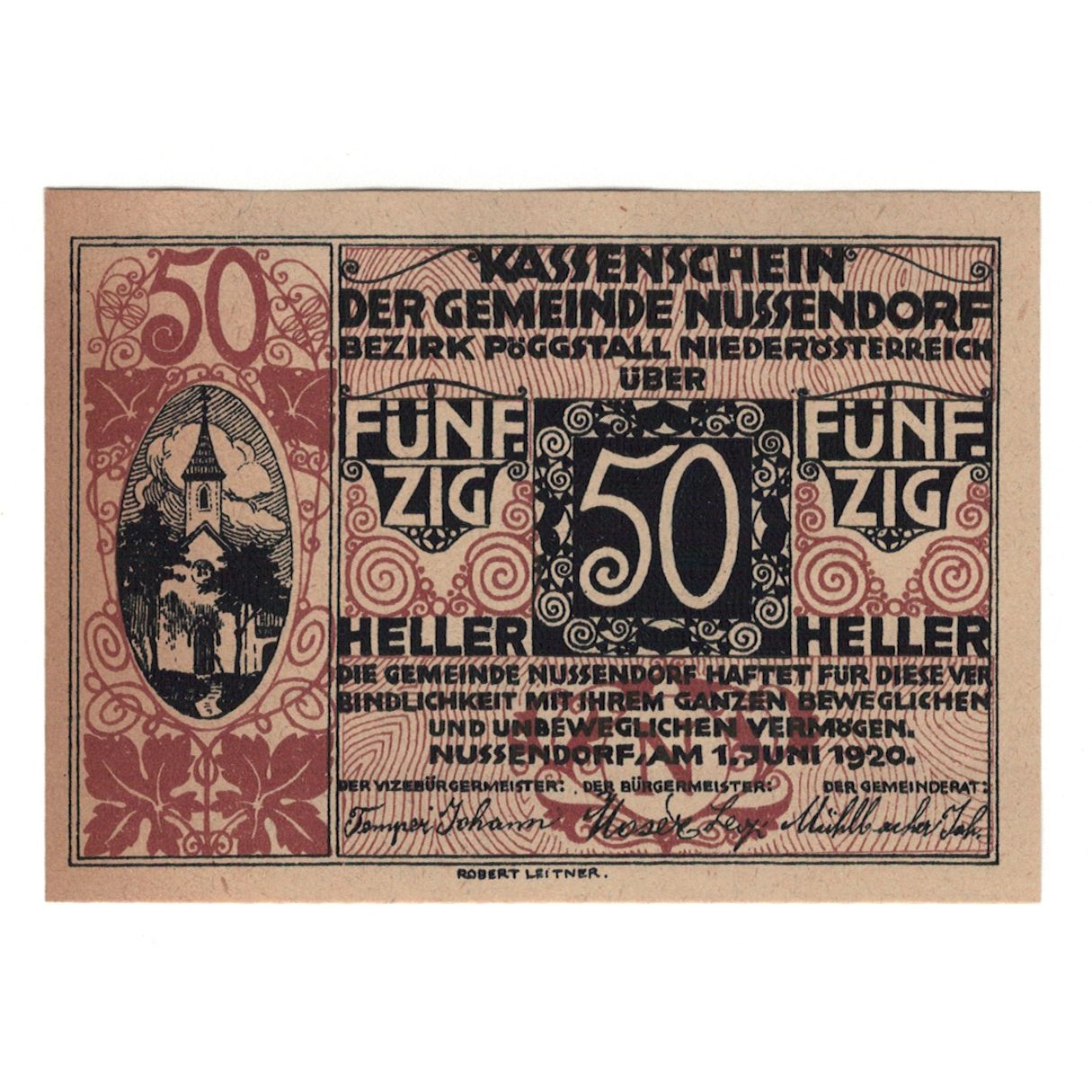 Banconote, Austria, Nussendorf - Artstetten N.Ö. Gemeinde, 50 Heller, Texte