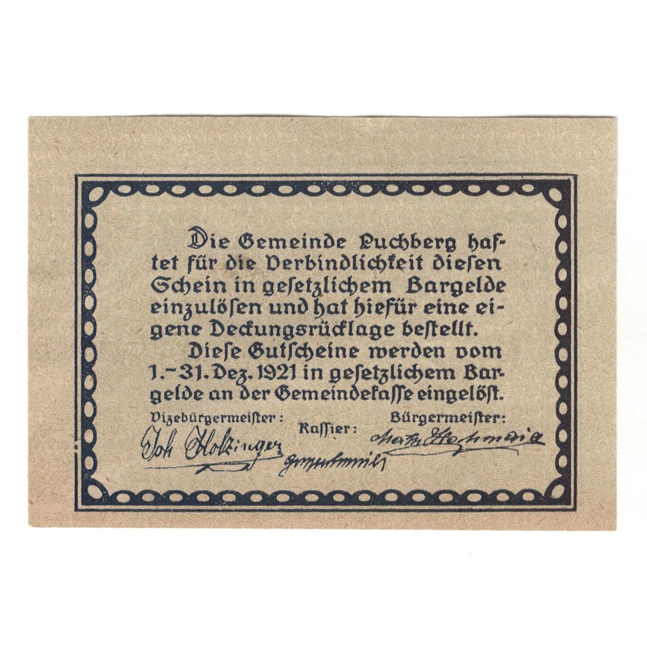 Banconote, Austria, Puchberg bei Wels O.Ö. Gemeinde, 20 Heller, Texte, 1921