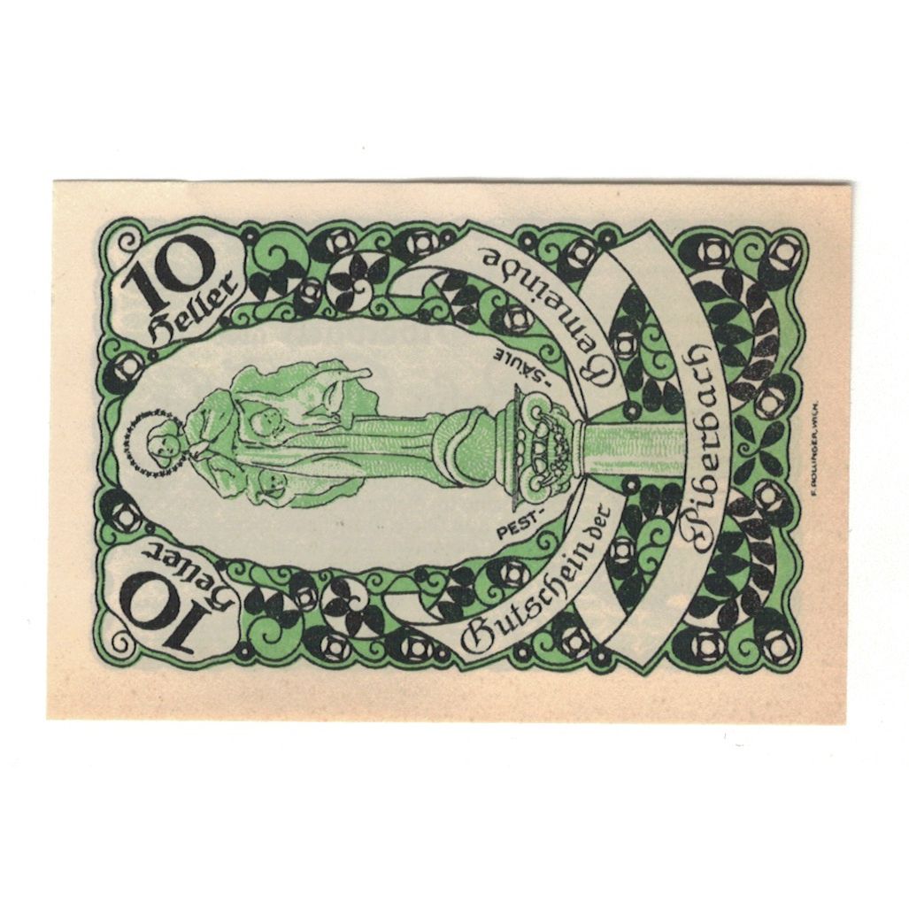 Banconote, Austria, Piberbach O.Ö. Gemeinde, 10 Heller, statue, 1920