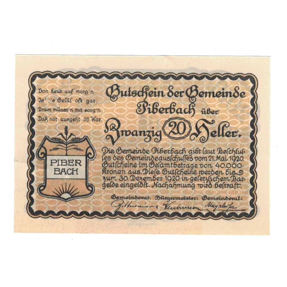 Banconote, Austria, Piberbach O.Ö. Gemeinde, 20 Heller, paysage, 1920