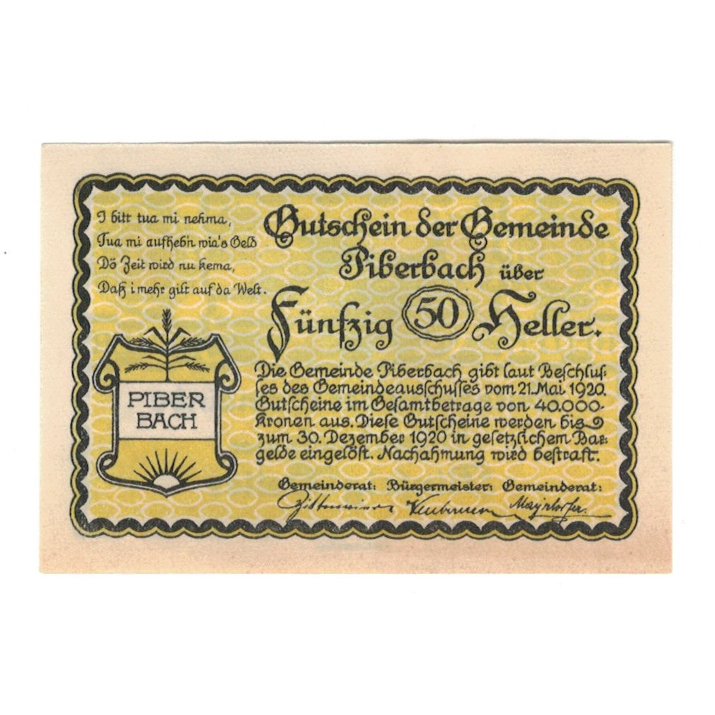 Banconote, Austria, Piberbach O.Ö. Gemeinde, 50 Heller, paysage, 1920