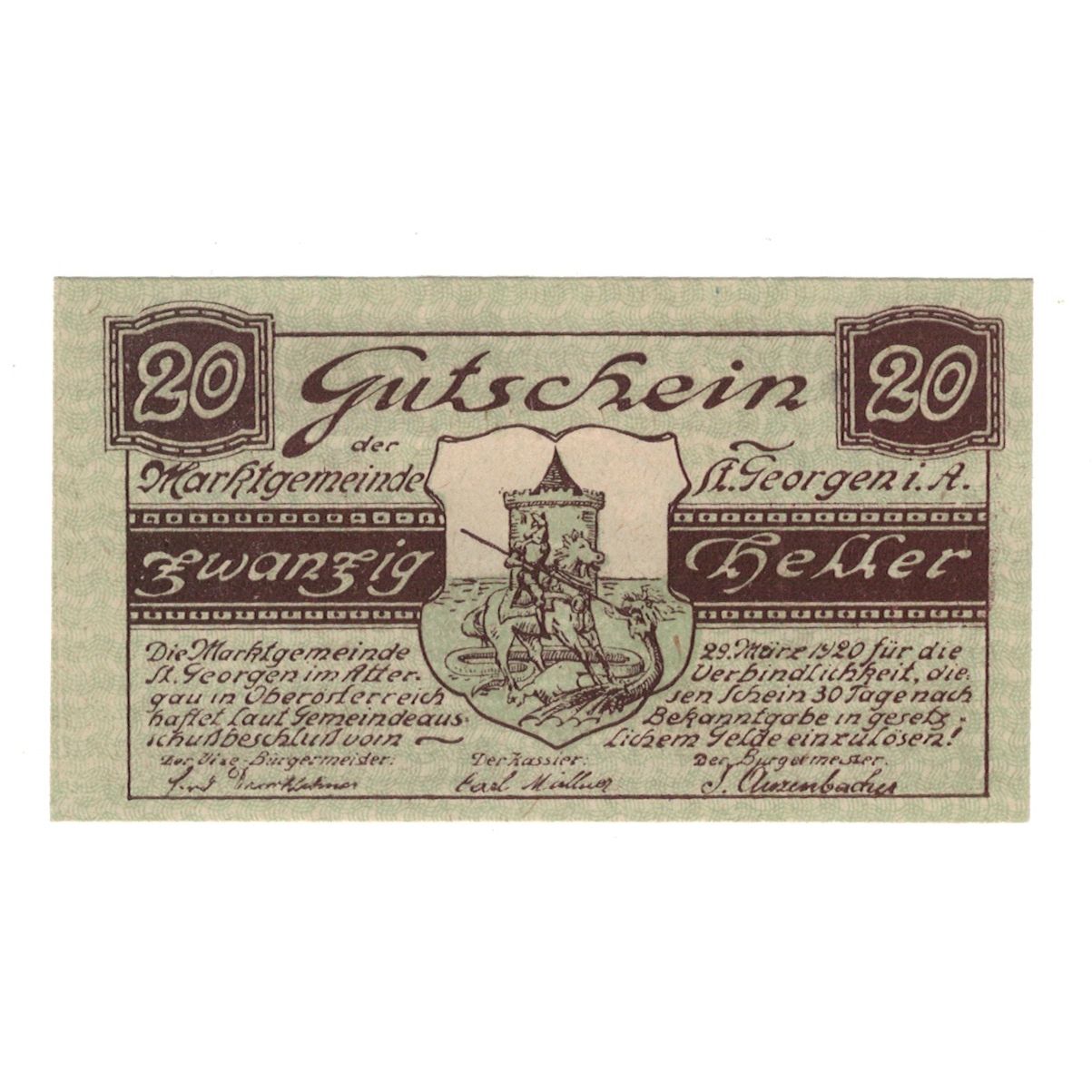 Banconote, Austria, St. Georgen im Attergau O.Ö. Marktgemeinde, 20 Heller