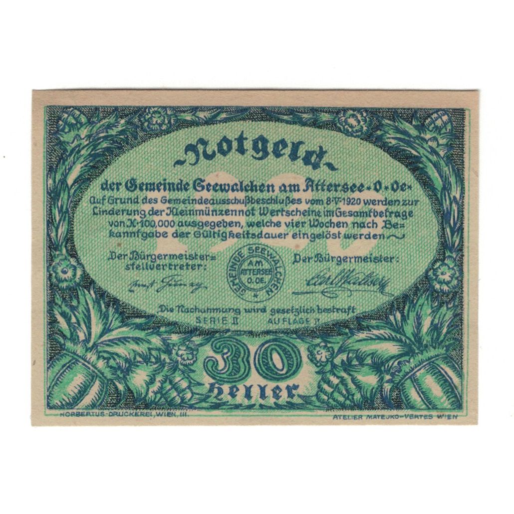 Banknot, Austria, Seewalchen am Attersee O.Ö. Gemeinde, 30 Heller, paysage