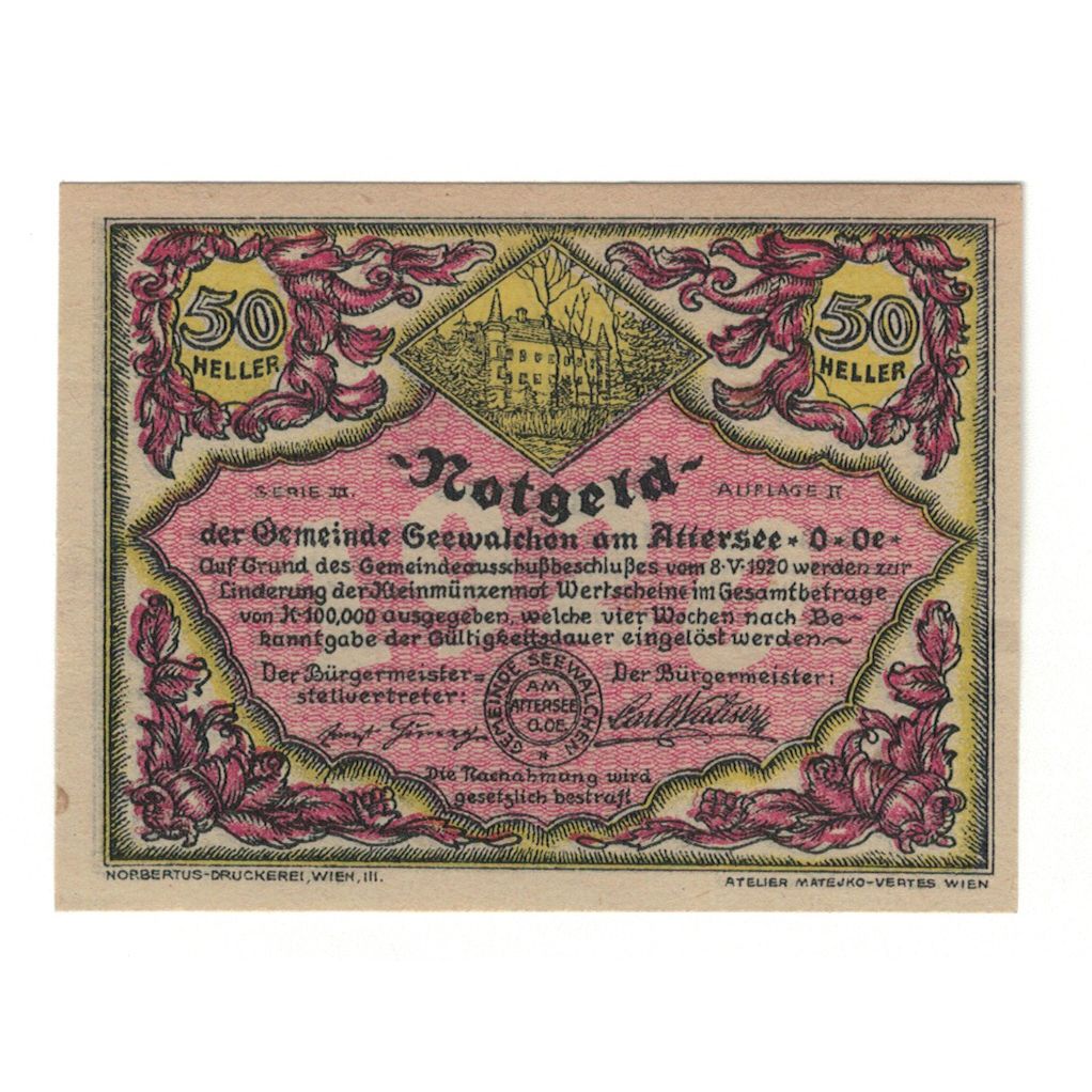 Nota, Áustria, Seewalchen am Attersee O.Ö. Gemeinde, 50 Heller, paysage, 1920