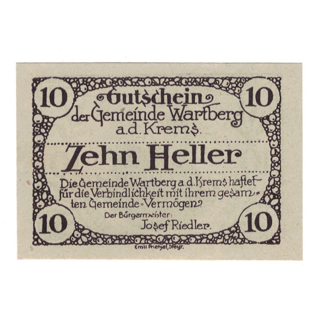 Nota, Áustria, Wartberg An Der Krems O.Ö. Gemeinde, 10 Heller, Batiment, 1921
