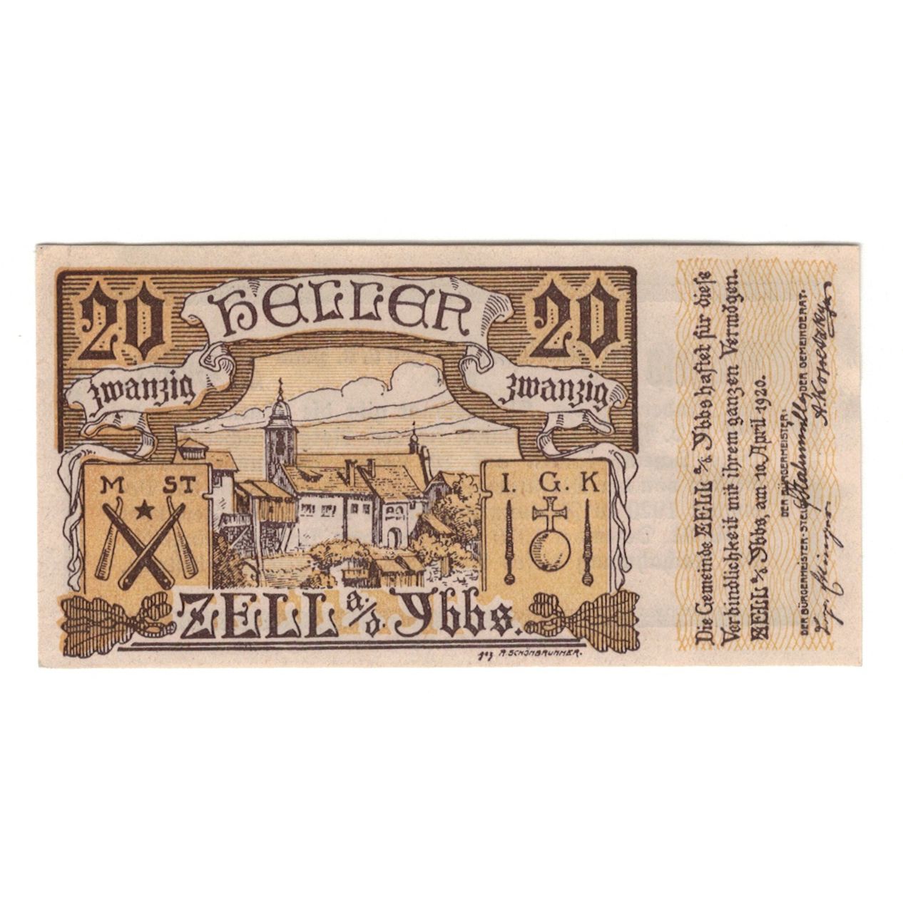 Banknot, Austria, Zell An Der Ybbs N.Ö. Marktgemeinde, 20 Heller, Texte, 1920