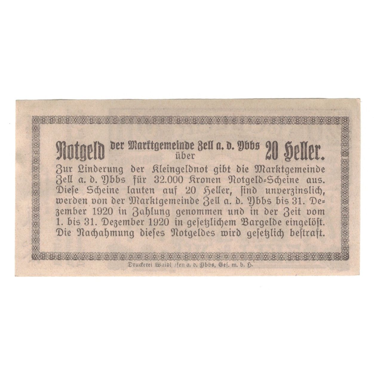 Banknot, Austria, Zell An Der Ybbs N.Ö. Marktgemeinde, 20 Heller, Texte, 1920
