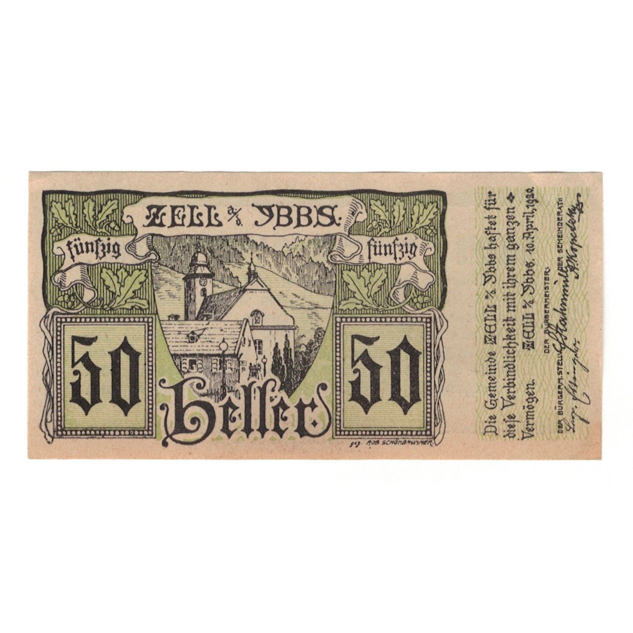 Banknot, Austria, Zell An Der Ybbs N.Ö. Marktgemeinde, 50 Heller, Texte, 1920