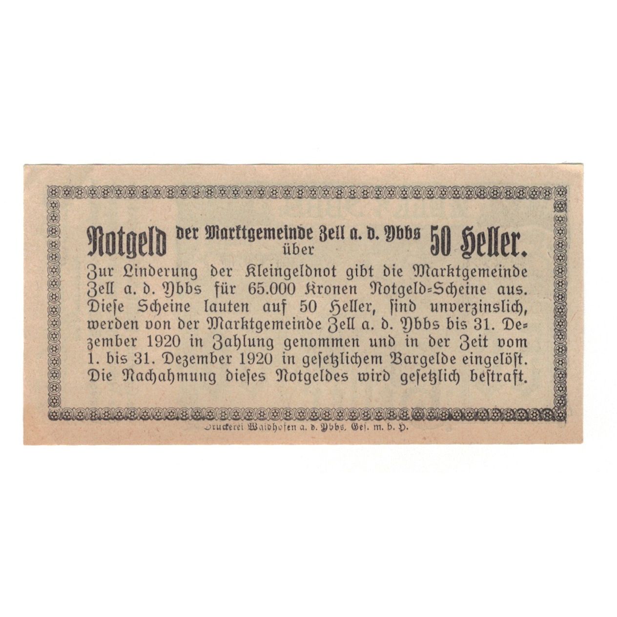 Banknot, Austria, Zell An Der Ybbs N.Ö. Marktgemeinde, 50 Heller, Texte, 1920
