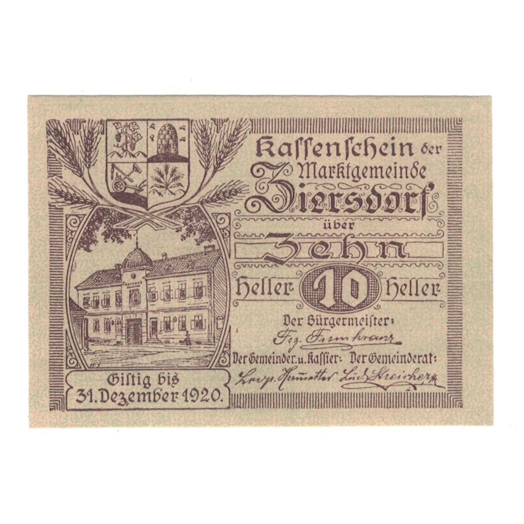 Nota, Áustria, Ziersdorf N.Ö. Marktgemeinde, 10 Heller, Texte, 1920