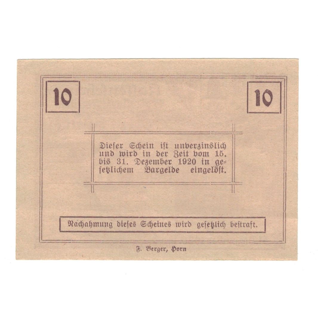 Nota, Áustria, Ziersdorf N.Ö. Marktgemeinde, 10 Heller, Texte, 1920