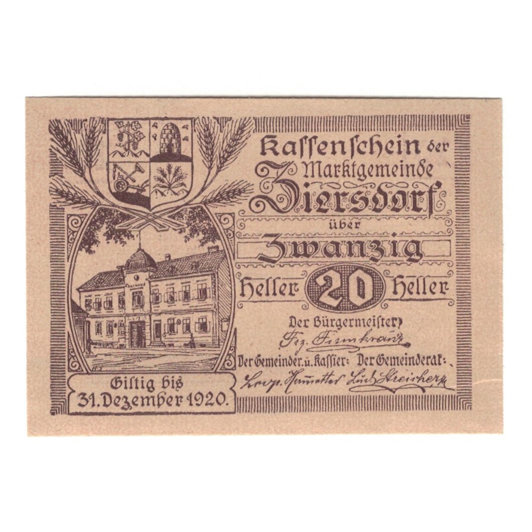 Nota, Áustria, Ziersdorf N.Ö. Marktgemeinde, 20 Heller, Texte, 1920