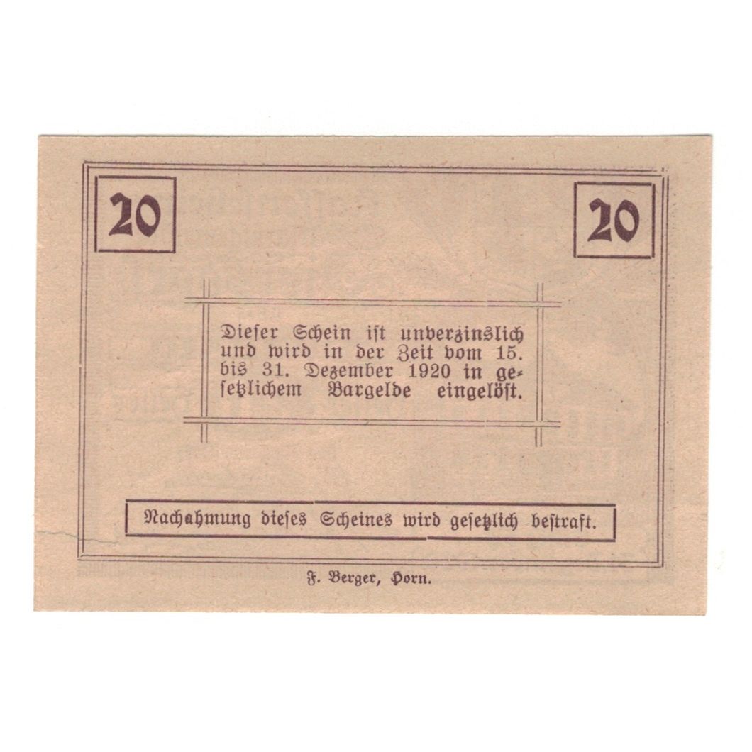 Nota, Áustria, Ziersdorf N.Ö. Marktgemeinde, 20 Heller, Texte, 1920