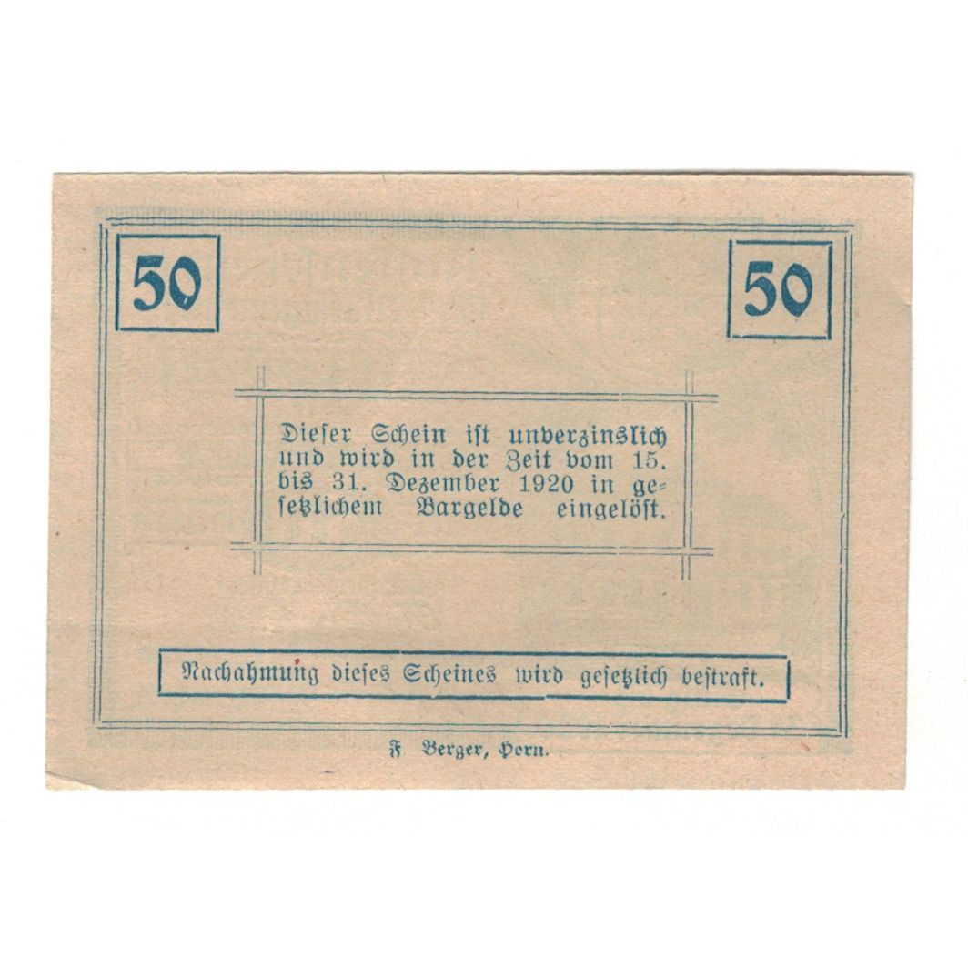 Nota, Áustria, Ziersdorf N.Ö. Marktgemeinde, 50 Heller, Texte, 1920