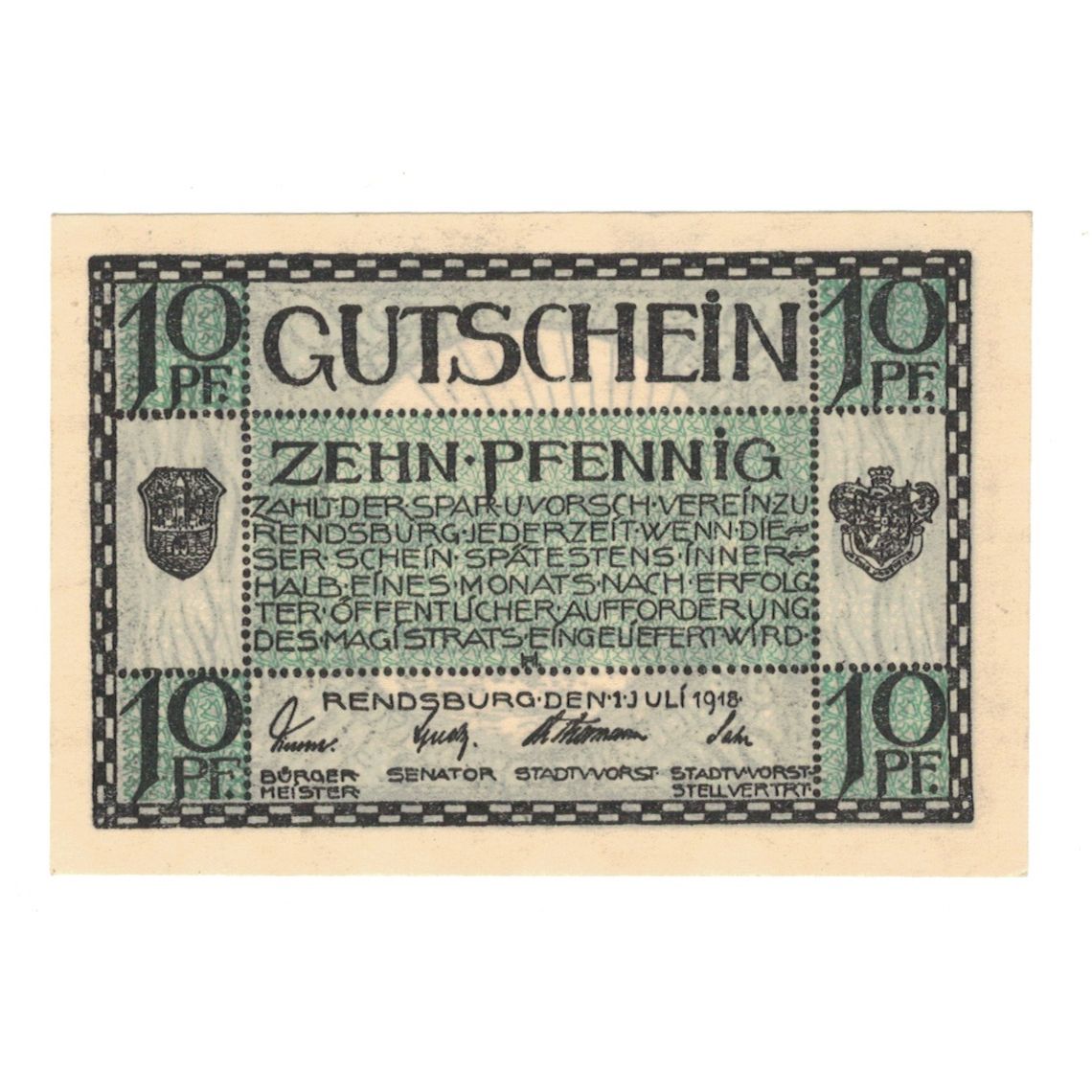 Banknote, Germany, Rendsburg Stadt, 10 Pfennig, pont, 1918, 1918-07-01