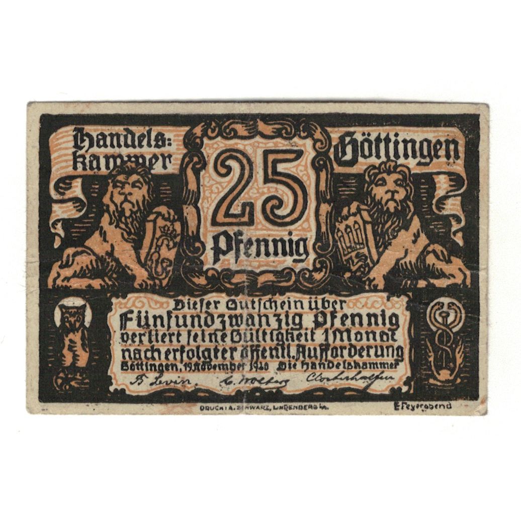 Banconote, Germania, Göttingen Handelskammer, 25 Pfennig, Clocher, 1920