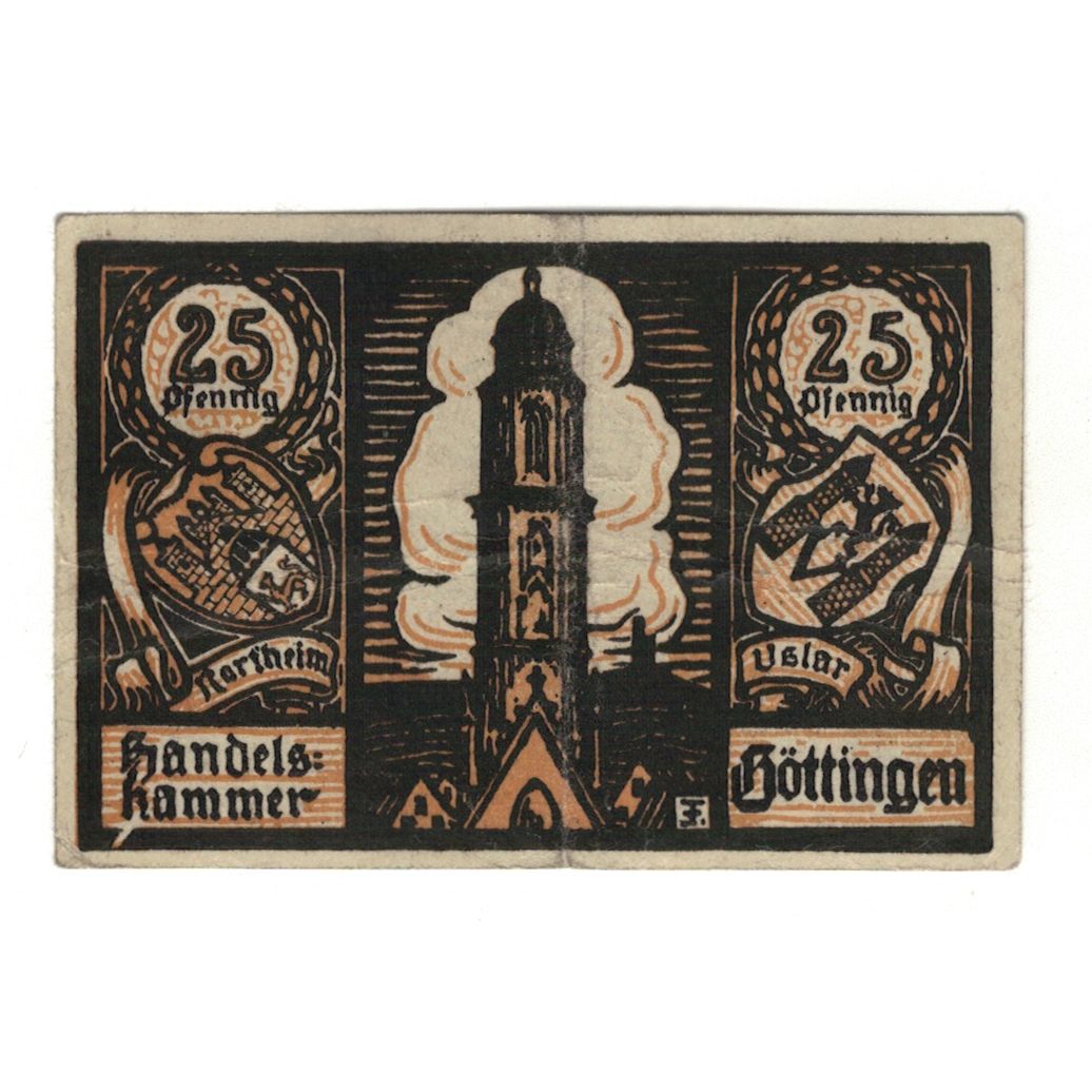 Banconote, Germania, Göttingen Handelskammer, 25 Pfennig, Clocher, 1920