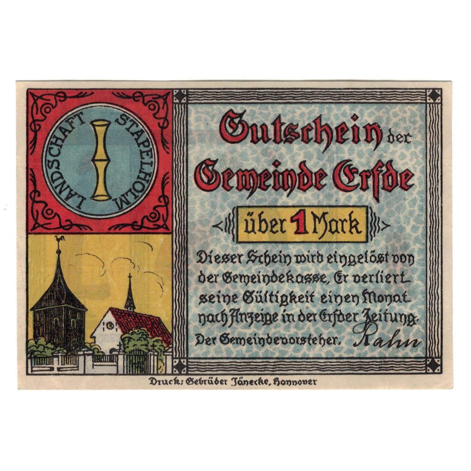 Banknote, Germany, Erfde Gemeinde, 1 Mark, personnage, 1921, AU(55-58)