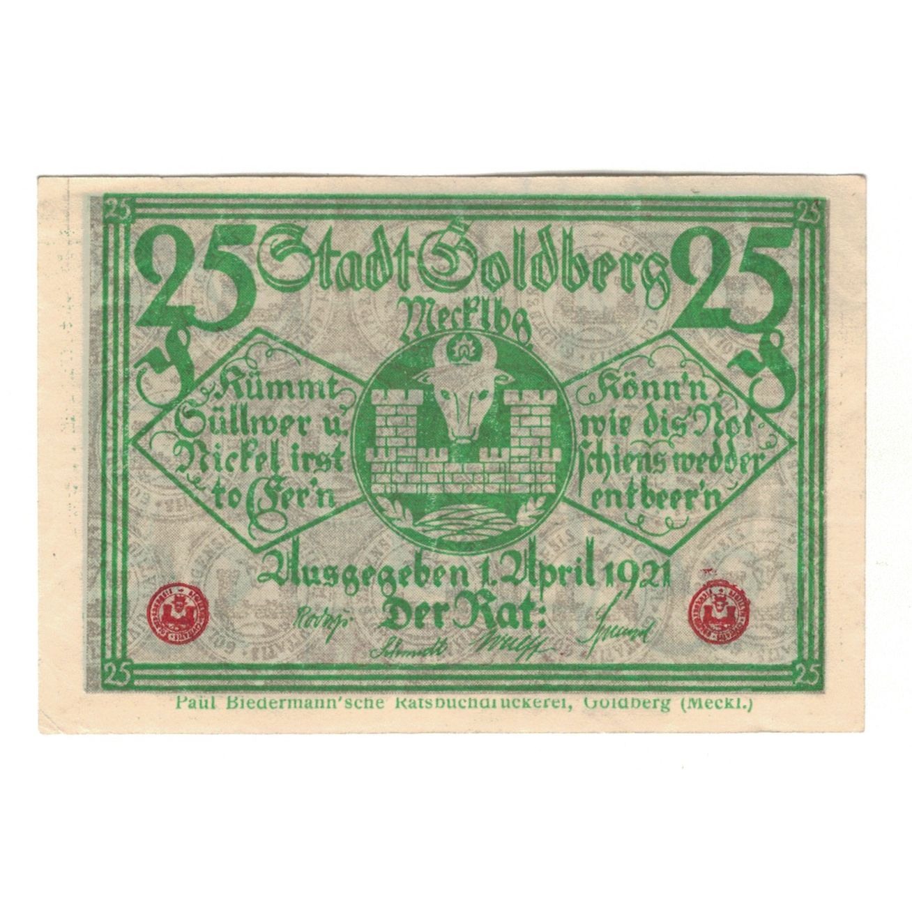 Banknote, Germany, Goldberg Stadt, 25 Pfennig, Batiment, 1921, 1921-04-01