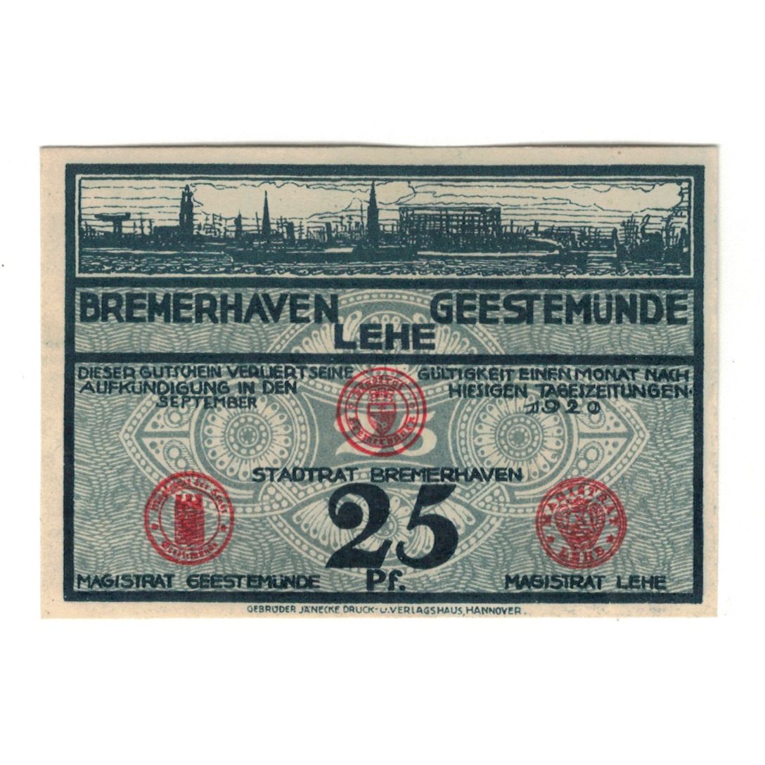 Billet, Allemagne, Bremerhaven Geestemünde und Lehe Städte, 25 Pfennig