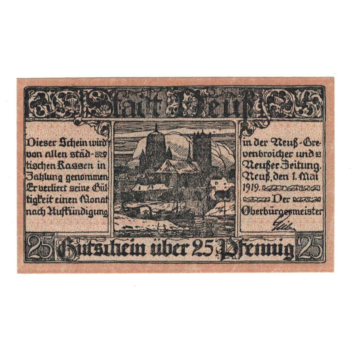 Billet, Allemagne, Neuß Stadt, 25 Heller, Armoiries, 1919, 1919-05-01, SUP